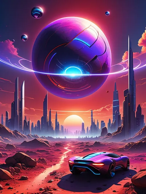 Prompt: rocky ground, (vivid) blue and red sky mixing, semi-transparent (luminescent) purple orbs floating, futuristic cyber city in the background, (dynamic) flying cars, (surreal) setting sun, (majestic) planet with rings close on the horizon, (highly detailed) ultra-detailed, (atmospheric) dramatic ambiance, (high quality) 4K.