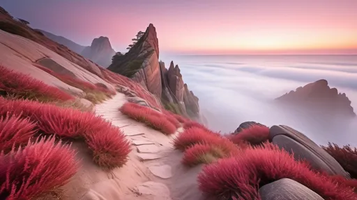 Prompt: (misty mood), peaceful morning, serene mountains, narrow path, natural ocean view, pastel pink and red palette, reflecting sunlight, rustic sandstone rocks, plunging peak, tranquil ambiance, soft light, gentle fog, artful composition, nature’s calm, scenic beauty, depth and detail, high quality, ultra-detailed landscape.