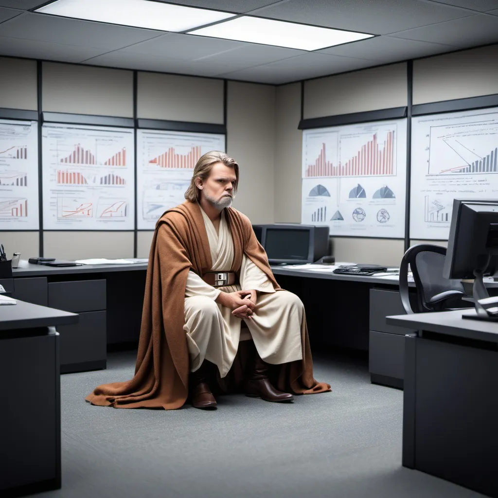 Prompt: A Jedi is sitting in a cubicle of an office and tries to understand finance diagrams but fails miserably.