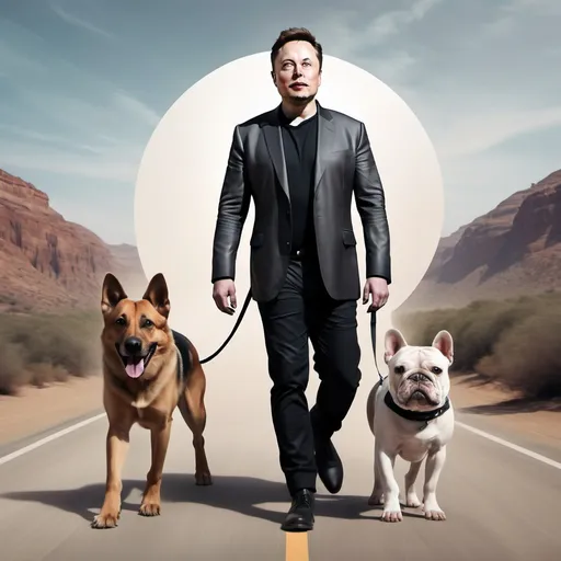 Prompt: create an image of a man looking like elon musk make the image showing the entire person, walking a dog
