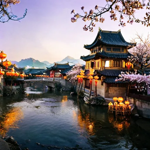 Prompt: cascading golden streams and shimmering golden veins, blossoms glisten with golden edges, threads of gold weaving through the serene landscape, dynamic cinematic lighting enhances the interplay of textures, mist faintly tinged with lavender and gold, richly accented with golden details for the traditional Chinese style buildings, buildings are in 3 dimensions view with chinese lantern decorations, thick outline of the buildings, evenly spread of golden color on mountains, blossoms, and reflections,