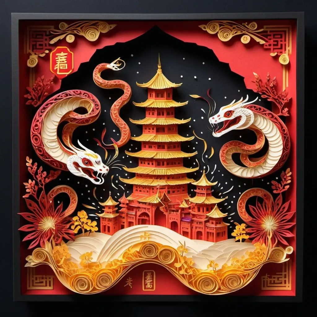 Prompt: Cute anime shiny golden and red color tame snake, dominant quilling paper, paper-like matte finish, ultra-realistic 3D layered paper textures with meticulously craft details, chinese style prosperity background with ancient castle, background with shiny fireworks, 福字 at the sides， sharp color