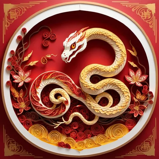 Prompt: Cute anime shiny golden and red color tame snake, dominant quilling paper, paper-like matte finish, ultra-realistic 3D layered paper textures with meticulously craft details, chinese style prosperity background, 福字， sharp color