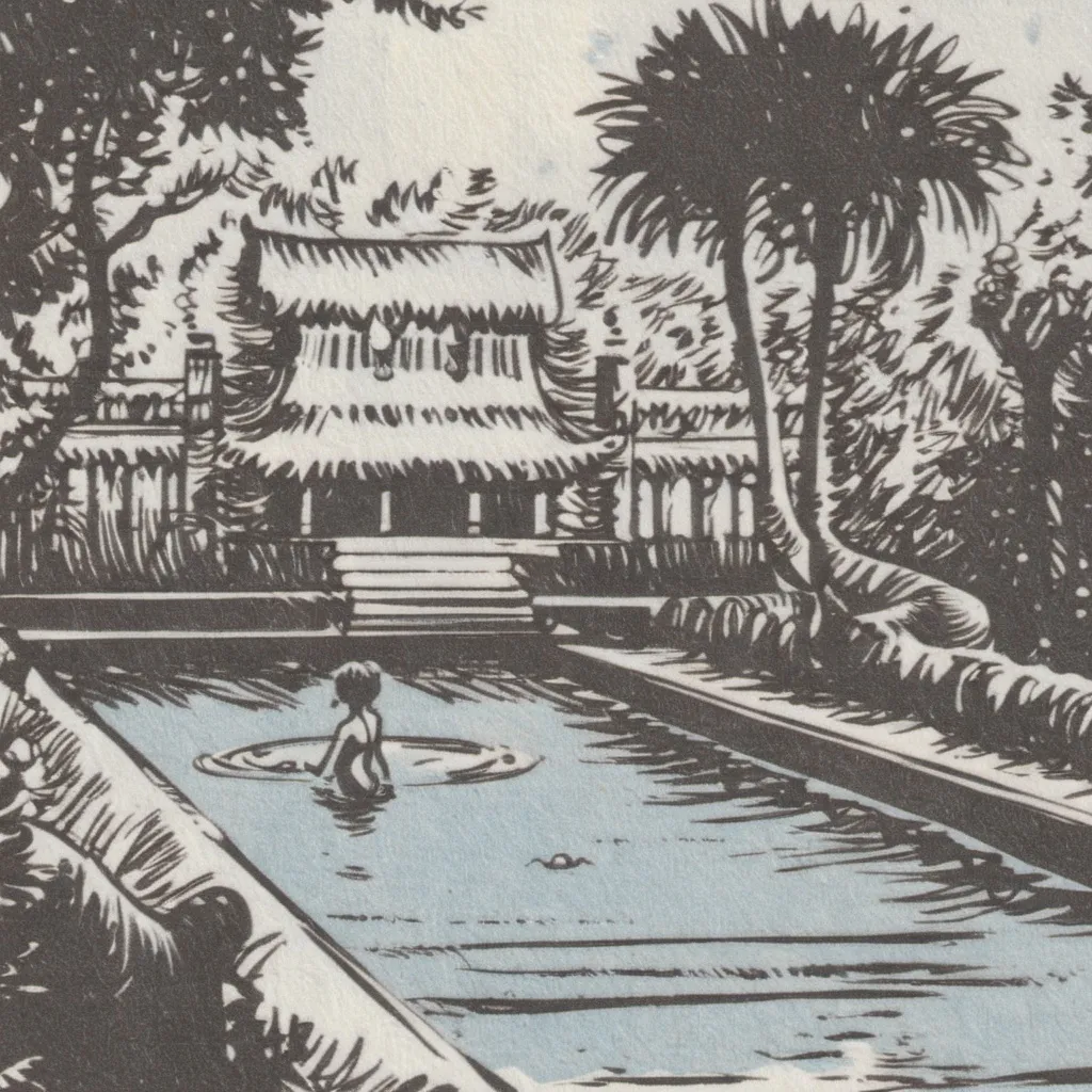 Prompt: a balinese temple with a Pool and junge in the background