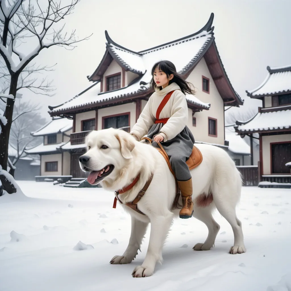 Prompt: a girl riding on the back of a large white dog in the snow with a house in the background, Cui Bai, neo-romanticism, ghibli, a stock photo