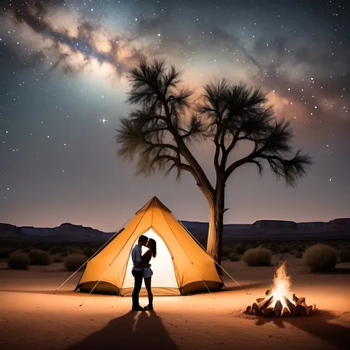 Prompt: a standing couple kissing under a stary sky. set background in the desert utah terrain. Add one campfire, tent, and tree in one side