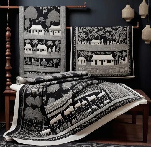 Prompt: (nakshi kantha) showcasing classical black fabric with intricate (silver embroidery) depicting (village life) scenes, set against a (minimalist living room) backdrop, soft (ambient lighting) creating a warm and inviting atmosphere, emphasizing the (texture) and craftsmanship of the stitching, the room designed with (clean lines) and a cozy, serene vibe, ultimate (artistic detail), ultra-detailed.