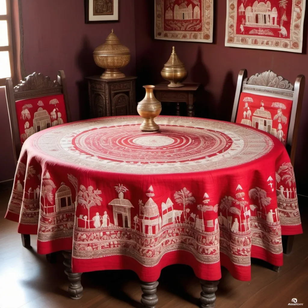 Prompt: (nakshi kantha) showcasing the royal red fabric with intricate embroidery depicting (village life) scenes, set against a (grand table and chair ) in a living room. Note, the nakshi kantha is spread over a table with a grand ornate chair featured in the back of the room.