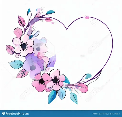 Prompt: a heart with vibrant pastel coloured (pink, blue, purple) flowers and leaves on a white background stock photo image of a heart with flowers and leaves on a white background