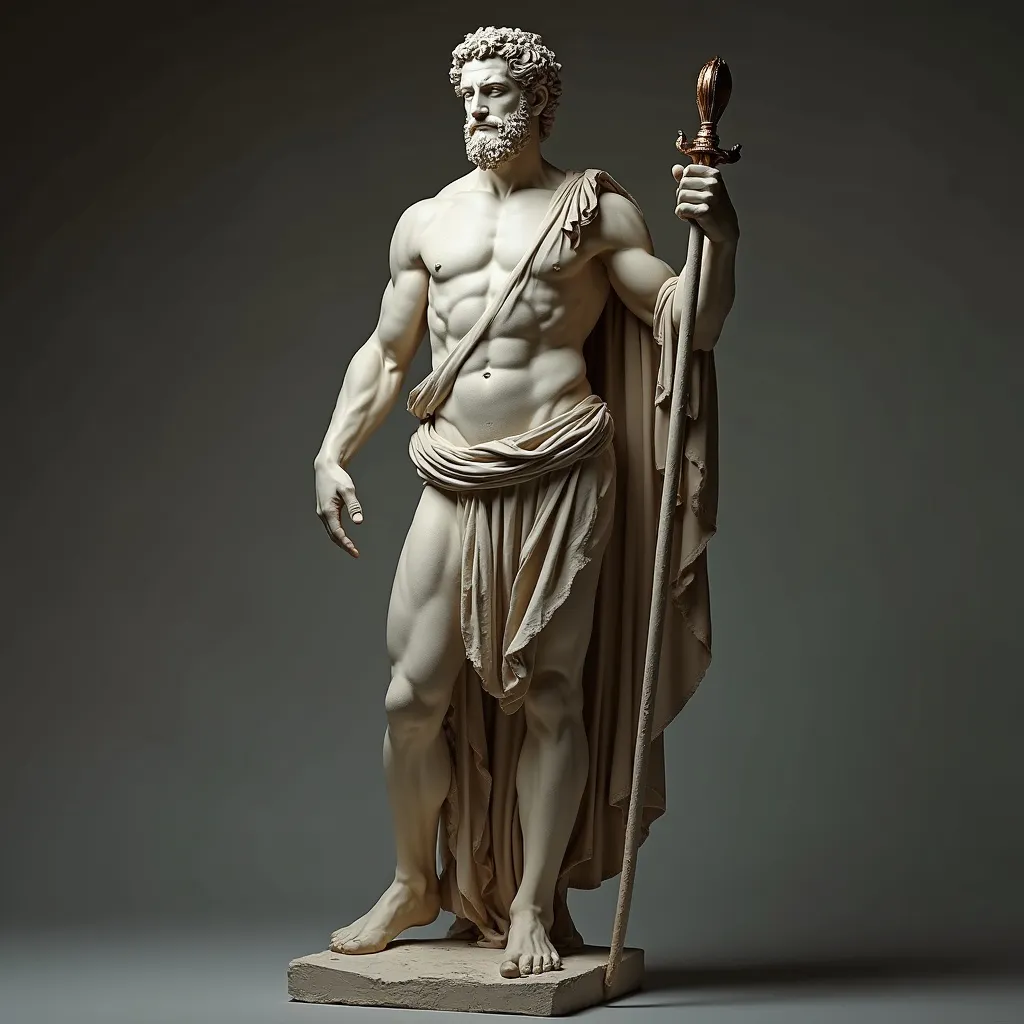 Prompt: hermes, mercury, 8K, ultra resolution, high detail, realistic, trismegistus, thoth, in the style of greek statues 200 bc, low angle shot, full body, ideal physique