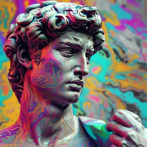Prompt: the statue of david, ultra realistic, 8K, full detail, statue has psychedelic marbled texture, vibrant, full body shot, low angle, colorful