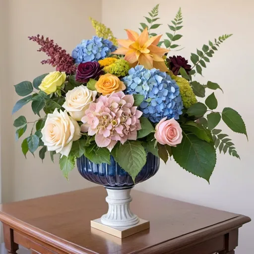 Prompt: harmonious bouquet of flowers, (blue hydrangeas), (green hydrangea), (goldenrod), (plum ronicullis), (blush pink roses), (ivory roses), (burgundy dahlias), mixed greens, lush arrangement, vibrant colors, natural lighting, delicate petals, artistic composition, high quality, ultra-detailed, elegant presentation, joyful ambiance, fresh floral scent