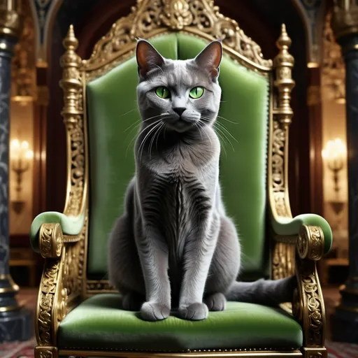 Prompt: (skinny dark gray cat), (bright green eyes), (fierce expression), sitting regally on a beautifully ornate throne, intricate details on the throne, rich textures and patterns, warm ambient lighting enhancing the royal atmosphere, elegant and majestic setting, plush velvet cushions, high quality, ultra-detailed, 4K resolution.