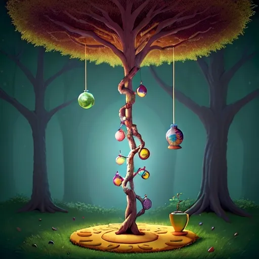 Prompt: a tree with many ornaments hanging from it's branches and a cup on the ground below it, with a saucer underneath it, Chris LaBrooy, magical realism, whimsical, a storybook illustration