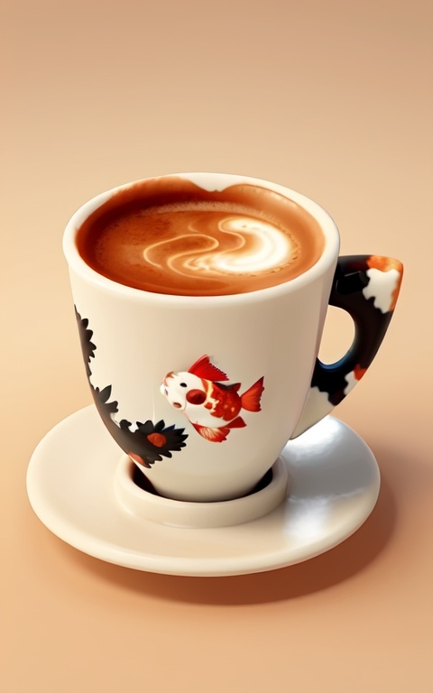 Prompt: Kaffee Tasse mit Sahnemuster Koi
Hintergrund Aquarium