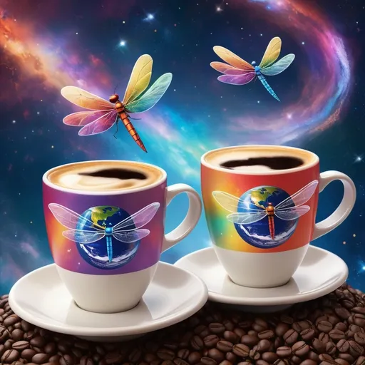 Prompt: voll Kaffee glänzende Kaffeetassen auf denen ein Luftpostlogo ist, fliegen mit Libellenflügel durch die farbenfrohe lichterhellte Galaxy Richtung Erdkugel. Auf Erdkugel ist ein grosser Lift der die Kaffeetassen auf die Erdoberfläche transportiert.