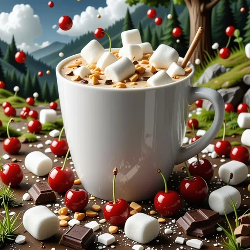 Prompt: eine sehr grosse Tasse Kaffee in dem Marshmallows schwimmen, vom Himmel fallen schokoladen flocken und Caramel stücke, auf der wiese ein Bach mit Sahne und Kirschen
