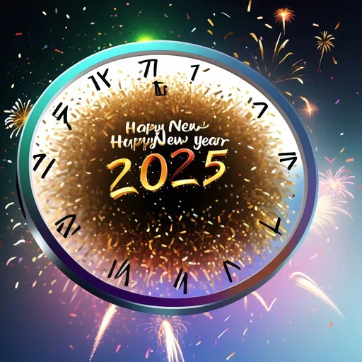 Prompt: (accurately spelled text "Happy New Year 2025"), vibrant confetti, sparkling fireworks, colorful decorations, celebratory atmosphere, lively party setting, warm and inviting lighting, festive background with a countdown clock, joy-filled emotions, high quality, 4K resolution, ultra-detailed imagery, energizing mood, New Year's Eve celebration vibe.