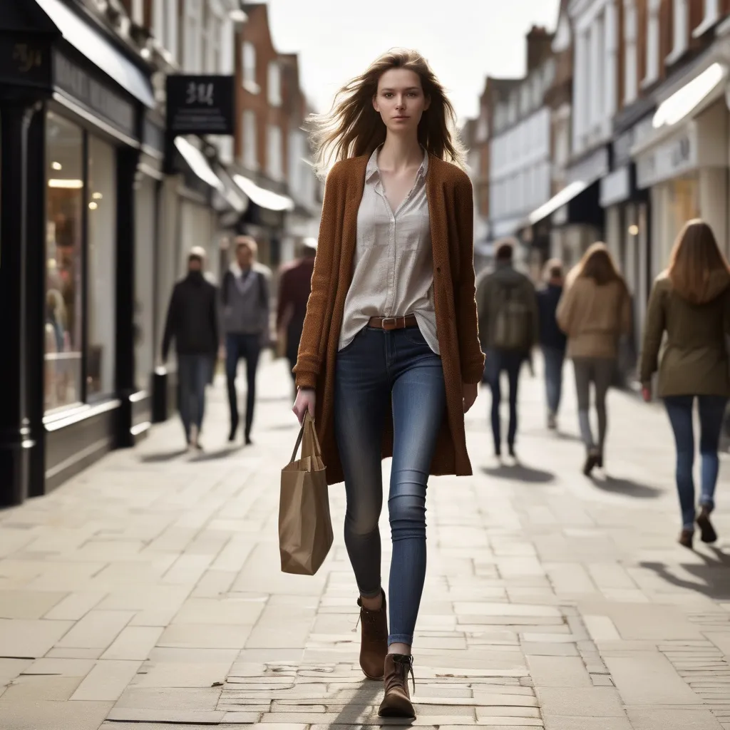 Prompt: Tall young woman walking down the high street, detailed clothing, realistic, natural lighting