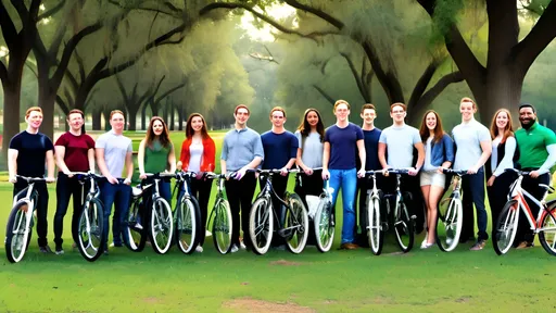 Prompt: Create a high-resolution photographic quality picture in landscape orientation for a Facebook event cover picture of a dozen young white professionals on a festive New Year's Day bike ride at Terry Hershey Park in Houston, TX, with green trees and grass, but without slogans attached to bicycles and without bridges in the background.