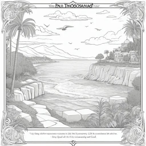 Prompt: B&W coloring book page, Paul’s letter to the Thessalonians encouraging them to be discerning, stay calm, and stay grounded. 