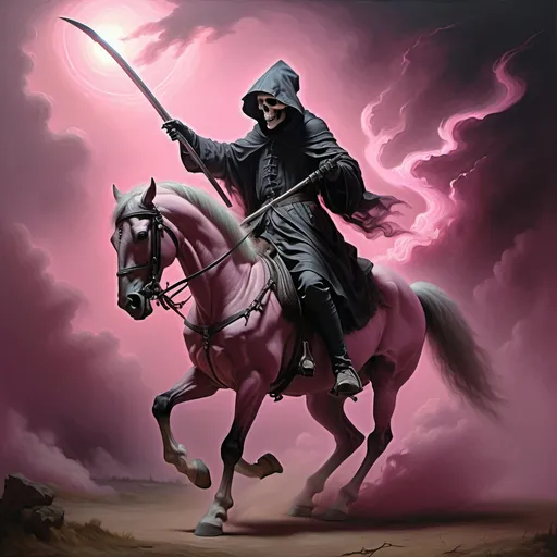 Prompt: Oil painting, (Rembrandt style), a grim reaper on a horse, wielding a medieval weapon, (all pink tones) creating a surreal ambiance, soft textures with smooth brushstrokes, vivid yet muted colors blending seamlessly, intricate details reflecting the somber theme, an ethereal background, high depth, (ultra-detailed) masterpiece with dramatic lighting.