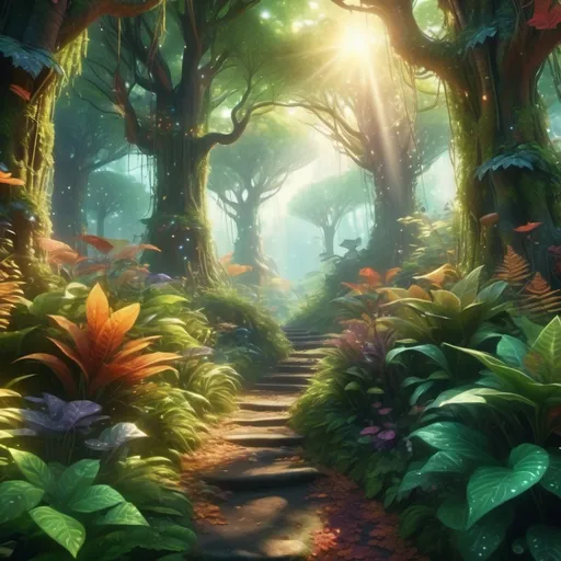 Prompt: (vibrant enchanted forest), lush greenery, (towering trees) bathed in sunlight, multi-colored plants, ethereal light filtering through leaves, whimsical atmosphere, sparkling dew on foliage, detailed textures, warm, inviting tones, gentle breeze rustling leaves, tranquil yet magical ambiance, ultra-detailed, 4K quality.