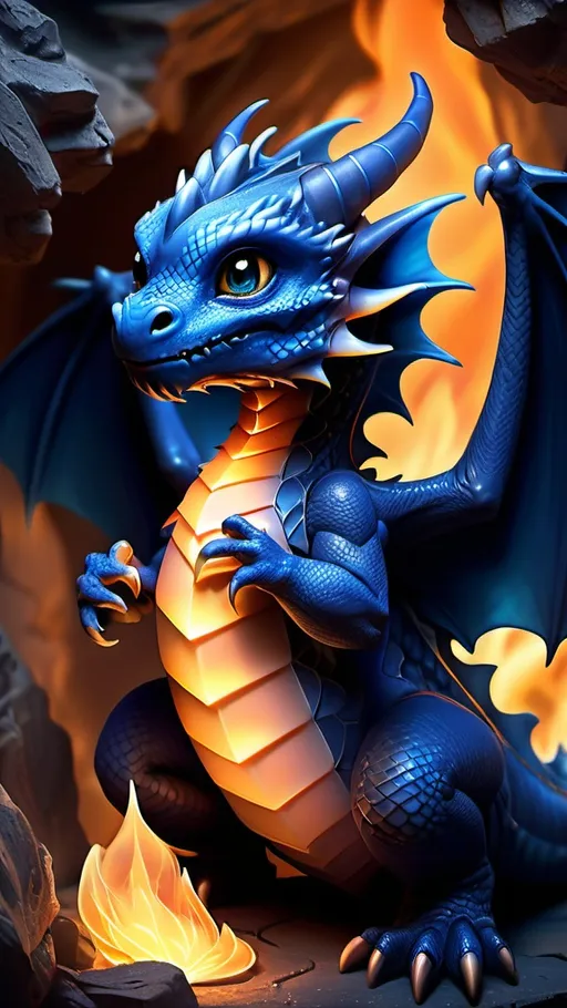 Prompt: (cute dark blue baby dragon), fantasy style, learning to breathe fire, dark color scheme, atmospheric lighting, mystical aura, swirling smoke, intricate scales, playful expression, dimly lit cave setting, warm flicker of flames, high detail, enchanting environment, magical ambiance, vibrant contrast against shadows, ultra-detailed, captivating scene