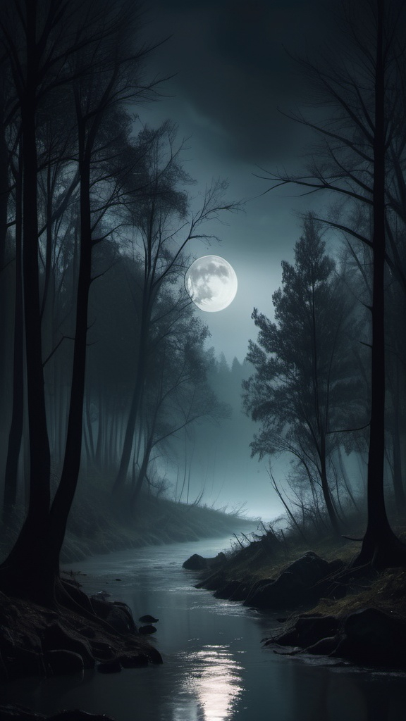 Prompt: Dark misty forest, river flowing, tall trees swaying, dim moon light, misty atmosphere, soft shadows, fear and despair.