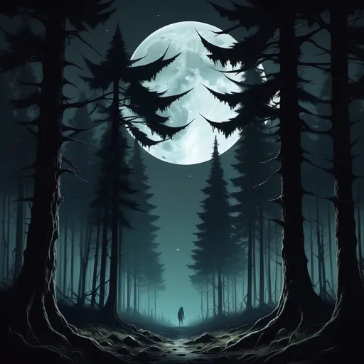 Prompt: Mysterious forest that sends chills down your spine, with a low hanging moon, tall trees looming, unidentifiable shadows passing. 