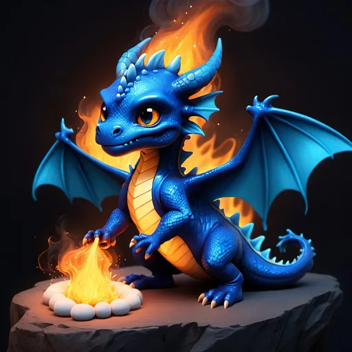 Prompt: Cute dark blue baby dragon learning how to breathe fire.