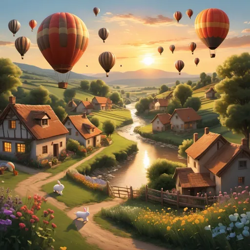 Prompt: a village house in a valley, with a setting sun, with hot air ballons in the distant sky as back drop, a flowing river, flowers along the river, rabbits playing in the fields, puppies chasing butterflies.