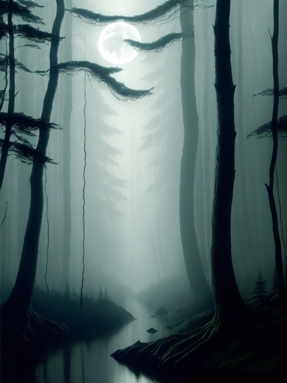 Prompt: Dark misty forest, river flowing, tall trees swaying, dim moon light, misty atmosphere, soft shadows, fear and despair.