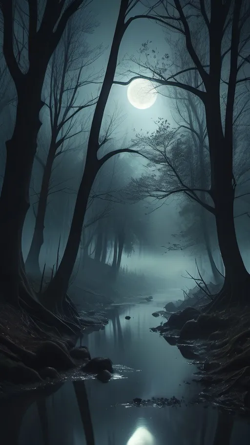 Prompt: (surrealism style), dark misty forest, river flowing quietly, tall trees swaying gently, dim moonlight filtering through branches, misty atmosphere enveloping the scene, soft shadows lurking in corners, evoking feelings of fear and despair, eerie silhouettes, haunting tranquility, ethereal fog, high detail, 4K quality, atmospheric lighting, enchanting yet unsettling ambiance.