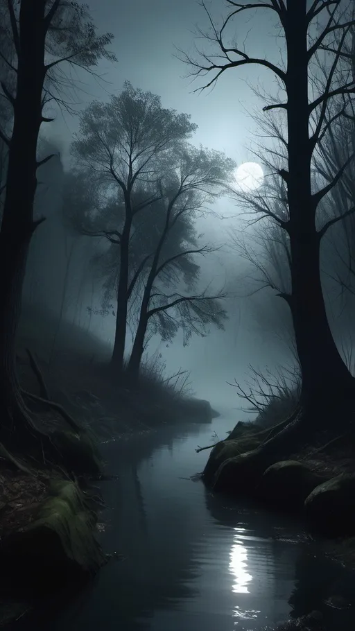 Prompt: (photorealistic), dark misty forest, river flowing quietly, tall trees swaying gently, dim moonlight filtering through branches, misty atmosphere enveloping the scene, soft shadows lurking in corners, evoking feelings of fear and despair, eerie silhouettes, haunting tranquility, ethereal fog, high detail, 4K quality, atmospheric lighting, enchanting yet unsettling ambiance.