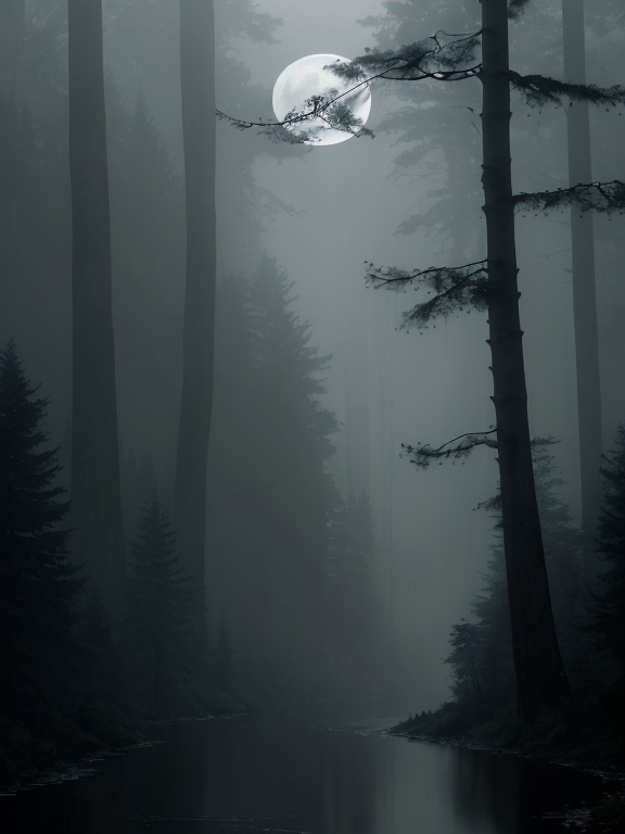 Prompt: Dark misty forest, river flowing, tall trees swaying, dim moon light, misty atmosphere, soft shadows, fear and despair.