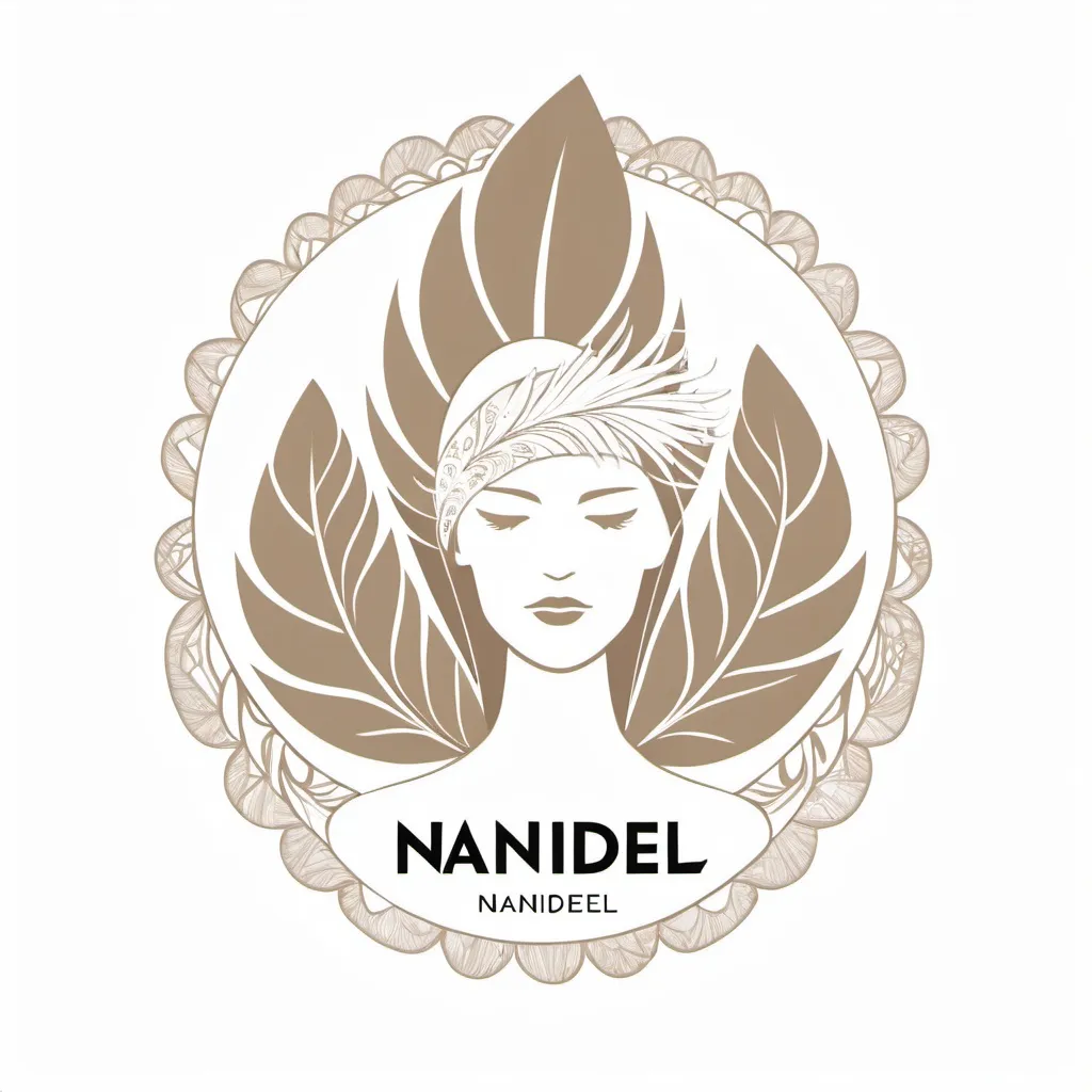 Prompt: Logo for fashion shop named Nanidel with a white and beige feather headpiece with a white background and a white background with a white background and a white background with a white background with a white border, Carol Bove, arts and crafts movement, fine foliage lace, an abstract sculpture
