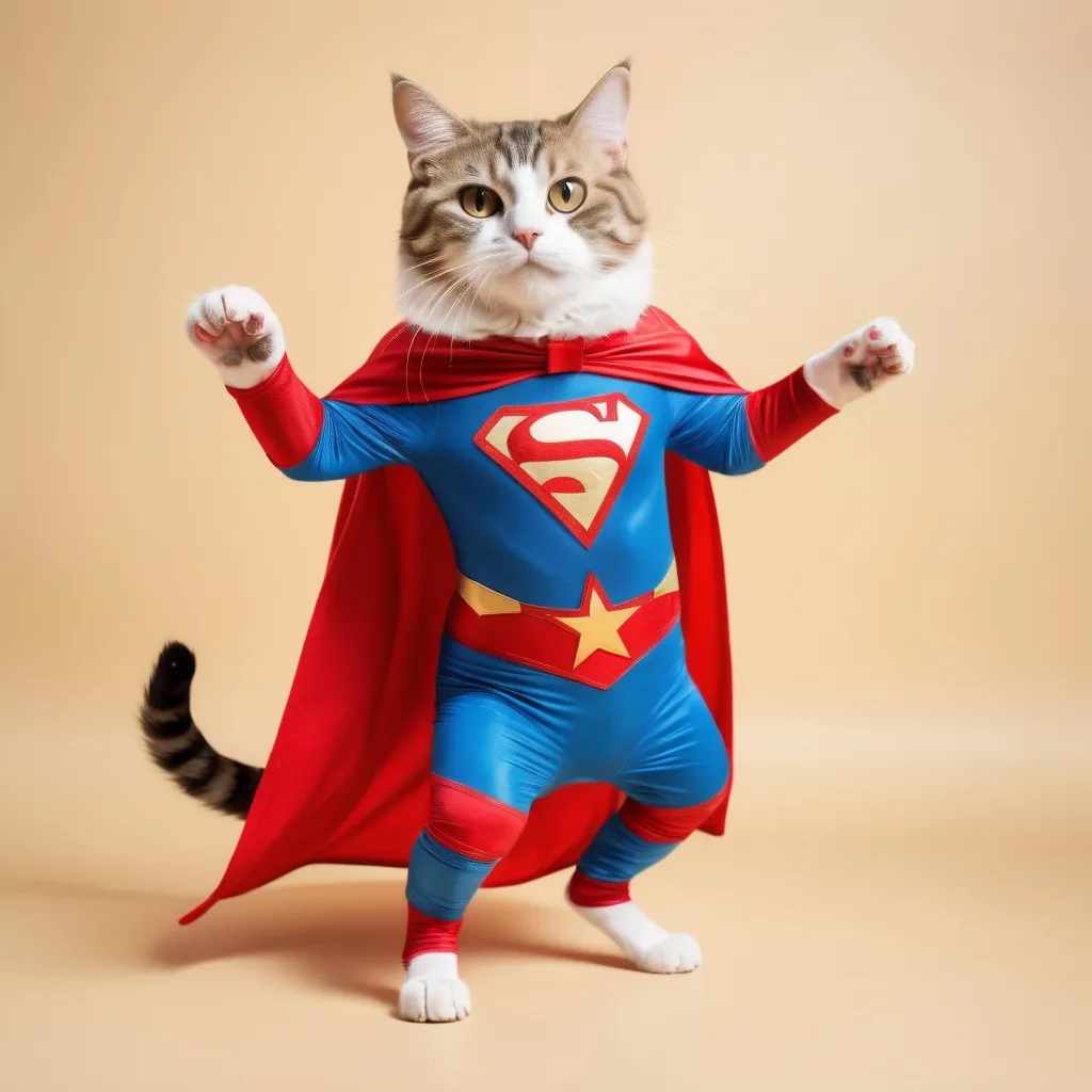 Prompt: A cat on hind legs in a superhero outfit 