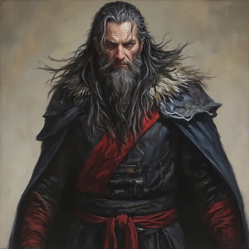 Prompt: (warrior portrait), (realistic oil painting), long black hair and beard with gray and white streaks, flowing cape, gaunt facial features, clad in long dark robes, accented with a striking red belt and sleeves, (mystical aura), dramatic lighting, (highly detailed), capturing the mastery of oil painting techniques, with an intense and powerful expression.