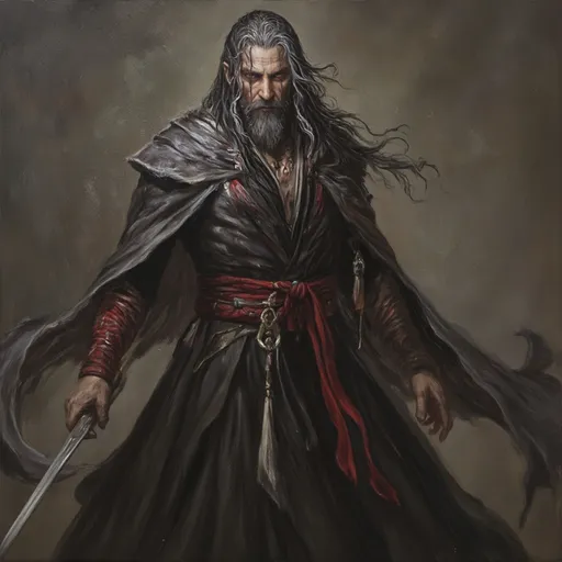 Prompt: (warrior portrait), (realistic oil painting), long black hair and beard with gray and white streaks, flowing cape, gaunt facial features, clad in long dark robes, accented with a striking red belt and sleeves, (mystical aura), dramatic lighting, (highly detailed), capturing the mastery of oil painting techniques, with an intense and powerful expression.