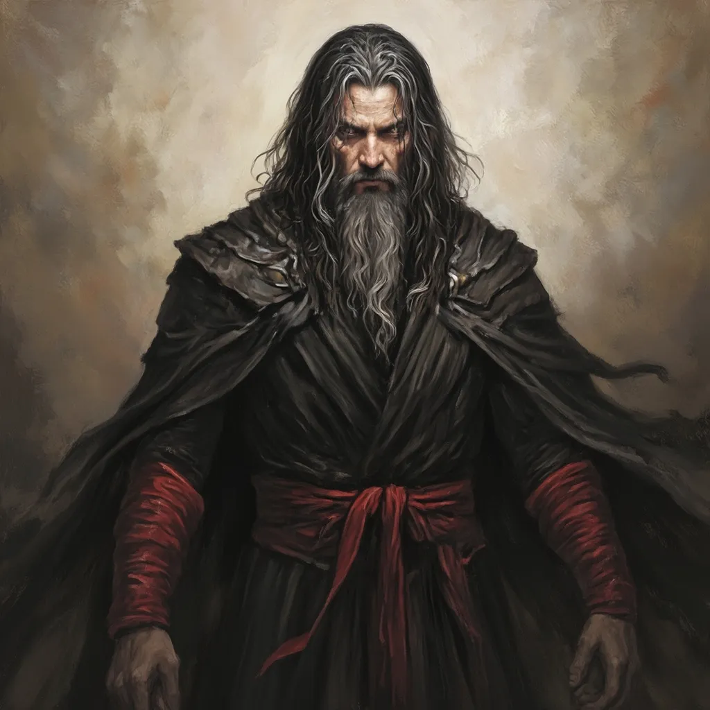 Prompt: (warrior portrait), (realistic oil painting), long black hair and beard with gray and white streaks, flowing cape, gaunt facial features, clad in long dark robes, accented with a striking red belt and sleeves, (mystical aura), dramatic lighting, (highly detailed), capturing the mastery of oil painting techniques, with an intense and powerful expression.