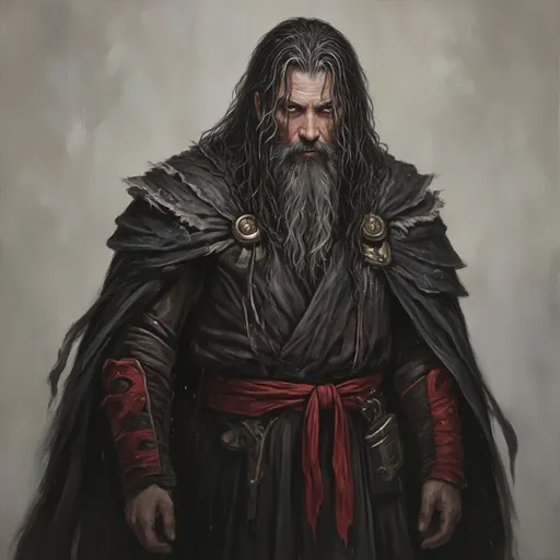 Prompt: (warrior portrait), (realistic oil painting), long black hair and beard with gray and white streaks, flowing cape, gaunt facial features, clad in long dark robes, accented with a striking red belt and sleeves, (mystical aura), dramatic lighting, (highly detailed), capturing the mastery of oil painting techniques, with an intense and powerful expression.