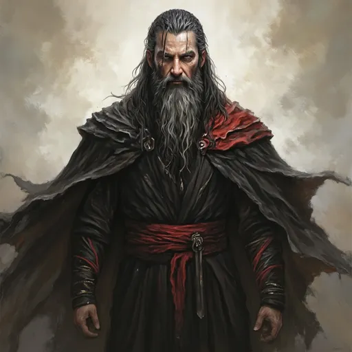 Prompt: (warrior portrait), (realistic oil painting), long black hair and beard with gray and white streaks, flowing cape, gaunt facial features, clad in long dark robes, accented with a striking red belt and sleeves, (mystical aura), dramatic lighting, (highly detailed), capturing the mastery of oil painting techniques, with an intense and powerful expression.