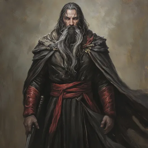 Prompt: (warrior portrait), (realistic oil painting), long black hair and beard with gray and white streaks, flowing cape, gaunt facial features, clad in long dark robes, accented with a striking red belt and sleeves, (mystical aura), dramatic lighting, (highly detailed), capturing the mastery of oil painting techniques, with an intense and powerful expression.