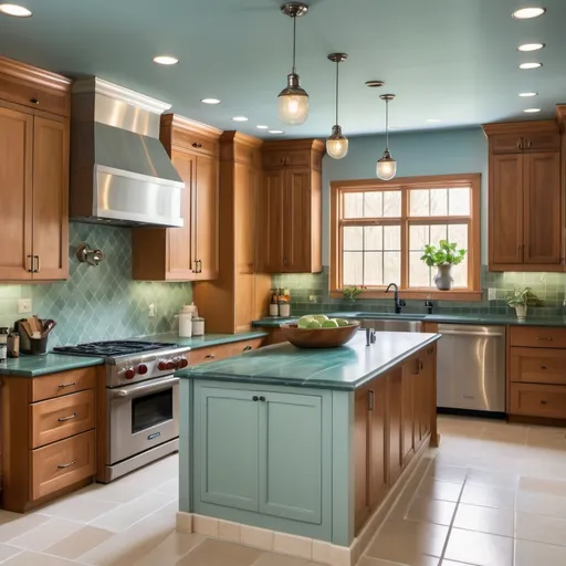 Prompt: A small transitional-style kitchen with warm wood cabinets, gray soapstone countertops, stainless steel sink,  classic ivory tile floors, a mottled light blue green tile backsplash. L-shaped with an island.