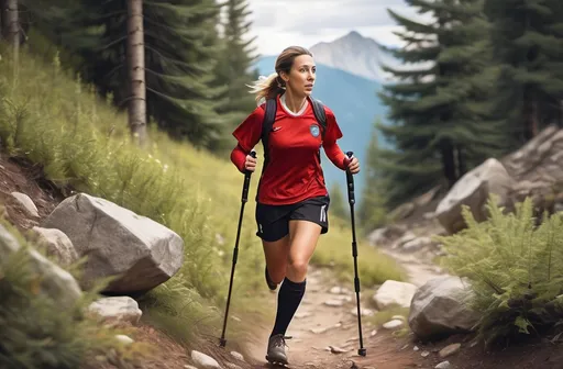 Prompt: 30 year old women soccer player in red uniform, running mountain trails with 2 hiking poles