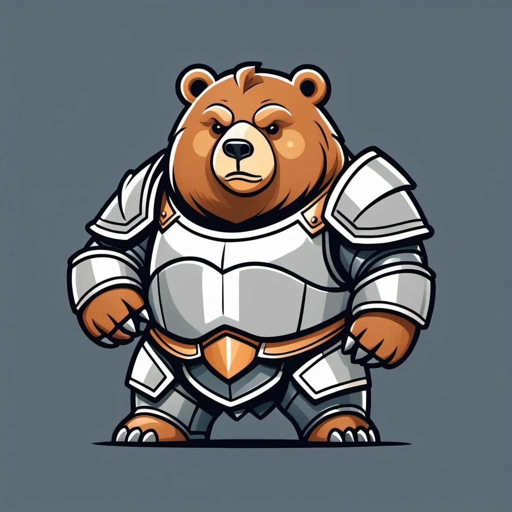 Prompt: a business logo, featuring a chubby bear in battle armor,  vector, solid white background, simple color palette