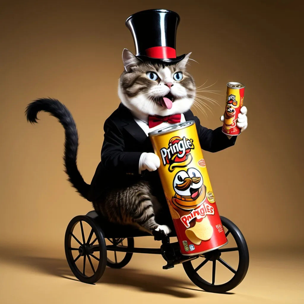 Prompt: The pringle man eating pringles while riding a cat that has a 20 ft tophat