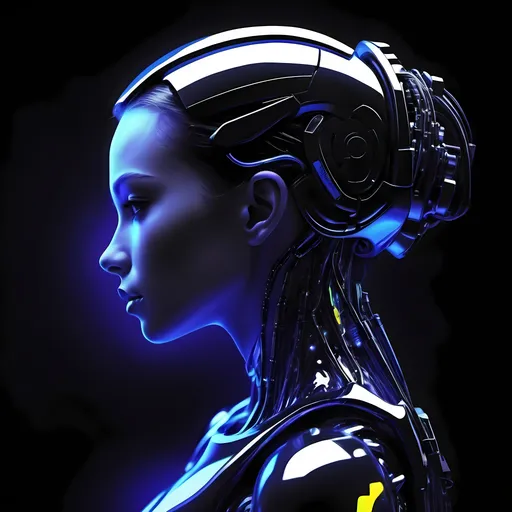 Prompt: blacklight artist side profile type image in the future more metallic more robotic