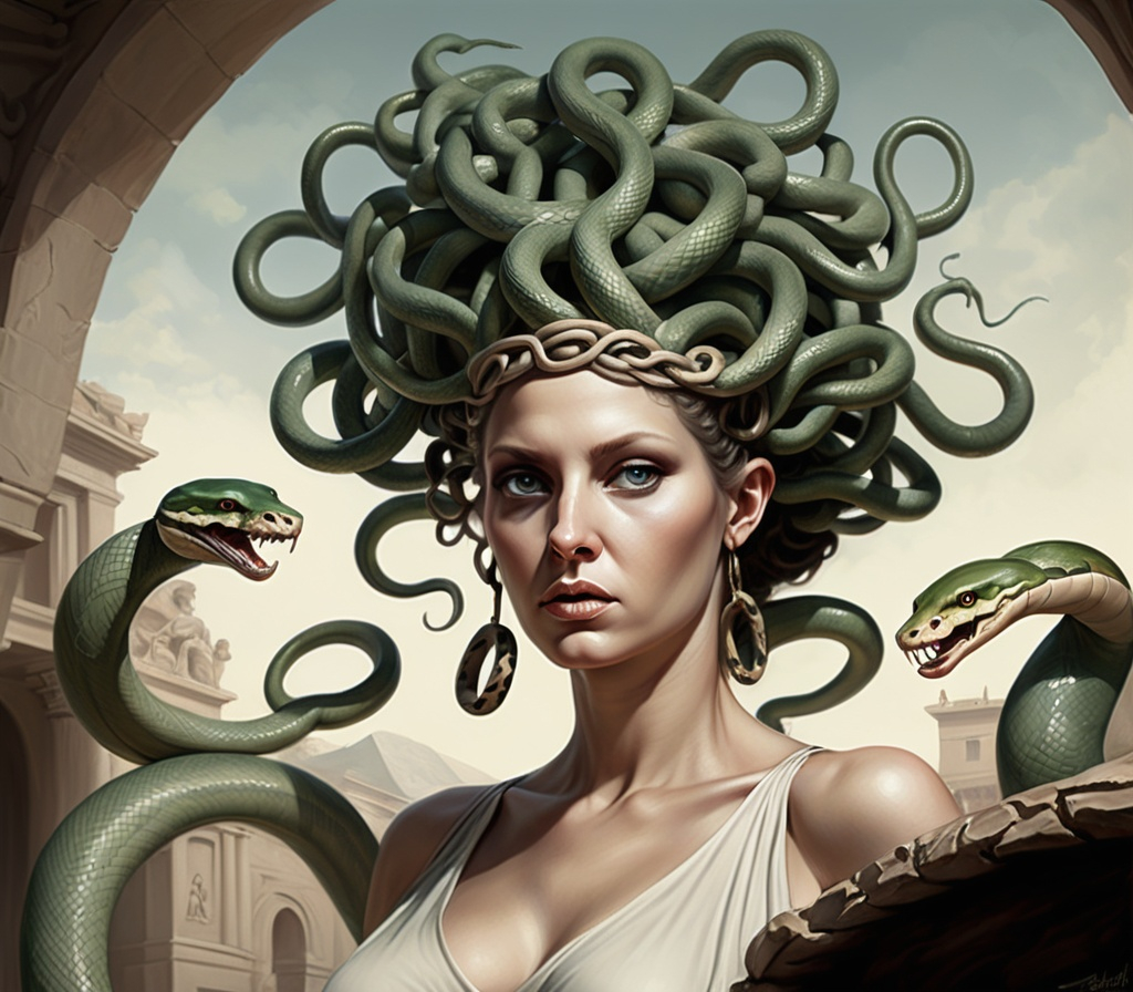 Prompt: medusa  dibujo realista 
mujer con serpientes en la cabeza y sin pelo, cuerpo de mujer vestida con tunica de cintura para arriba, para abajo, cola de serpiente